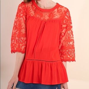 NEW UMGEE Romantic  Lace Crochet Bell Sleeve Red Blouse size M